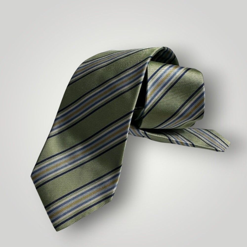 LANDS END Tie Striped 100% Silk Necktie Green/Black/White/Blue/Yellow NWOT